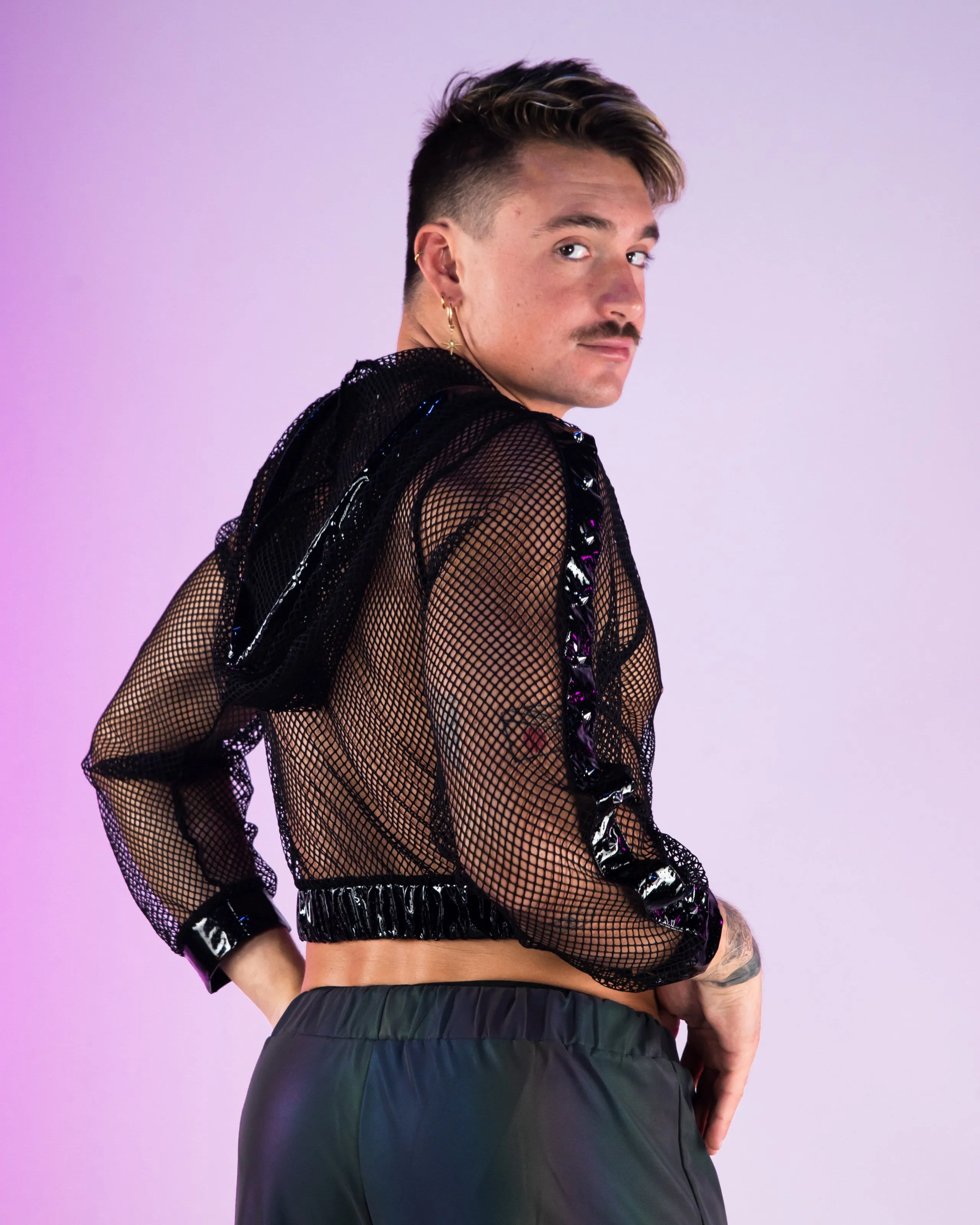Techno Prism Cropped Fishnet Hoodie w/ Studs