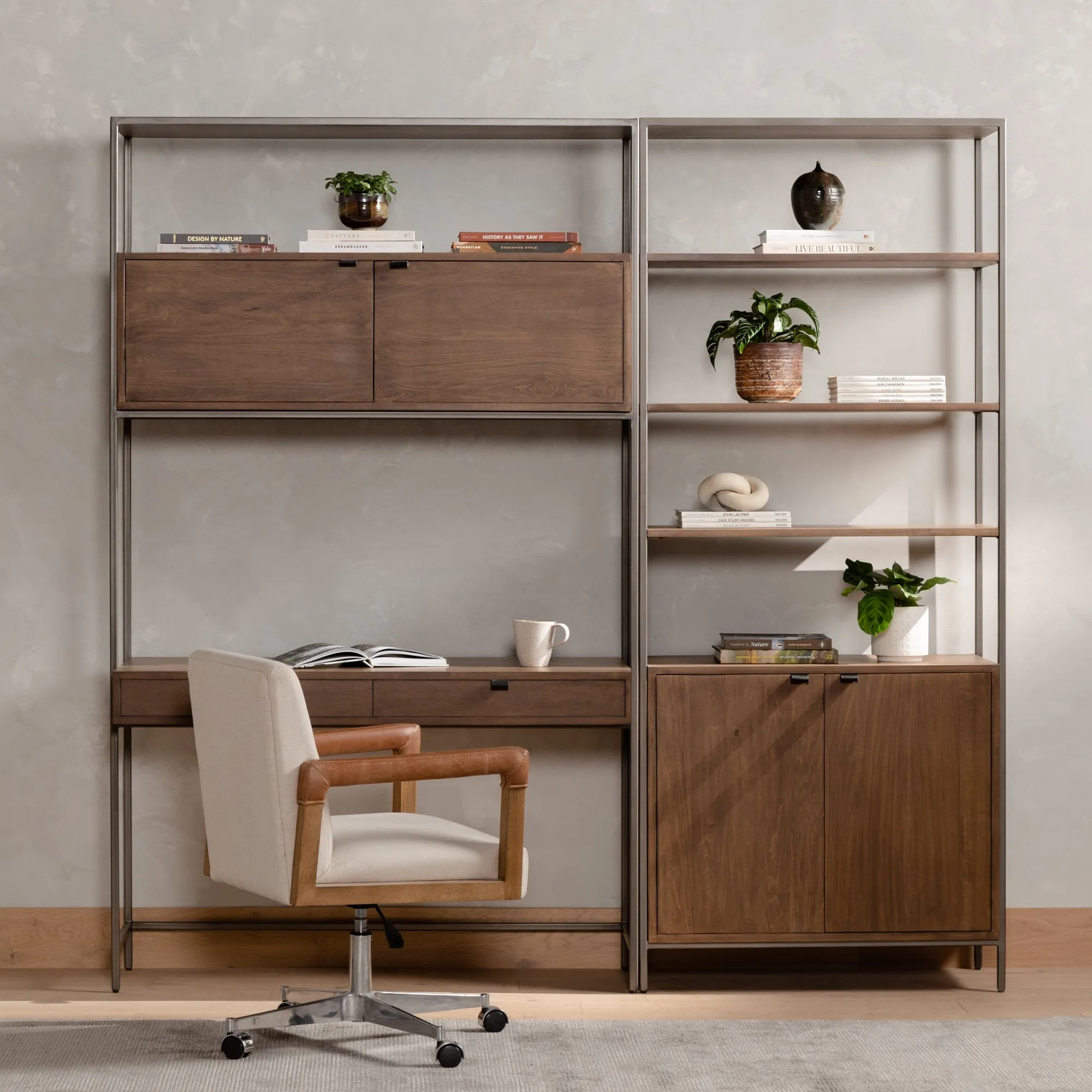 Trey Modular Wall Desk with 1 Bookcase - Auburn