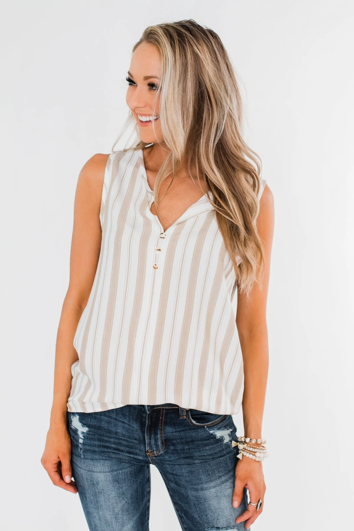 Twinkle In Your Eye Striped Tank Top- Beige