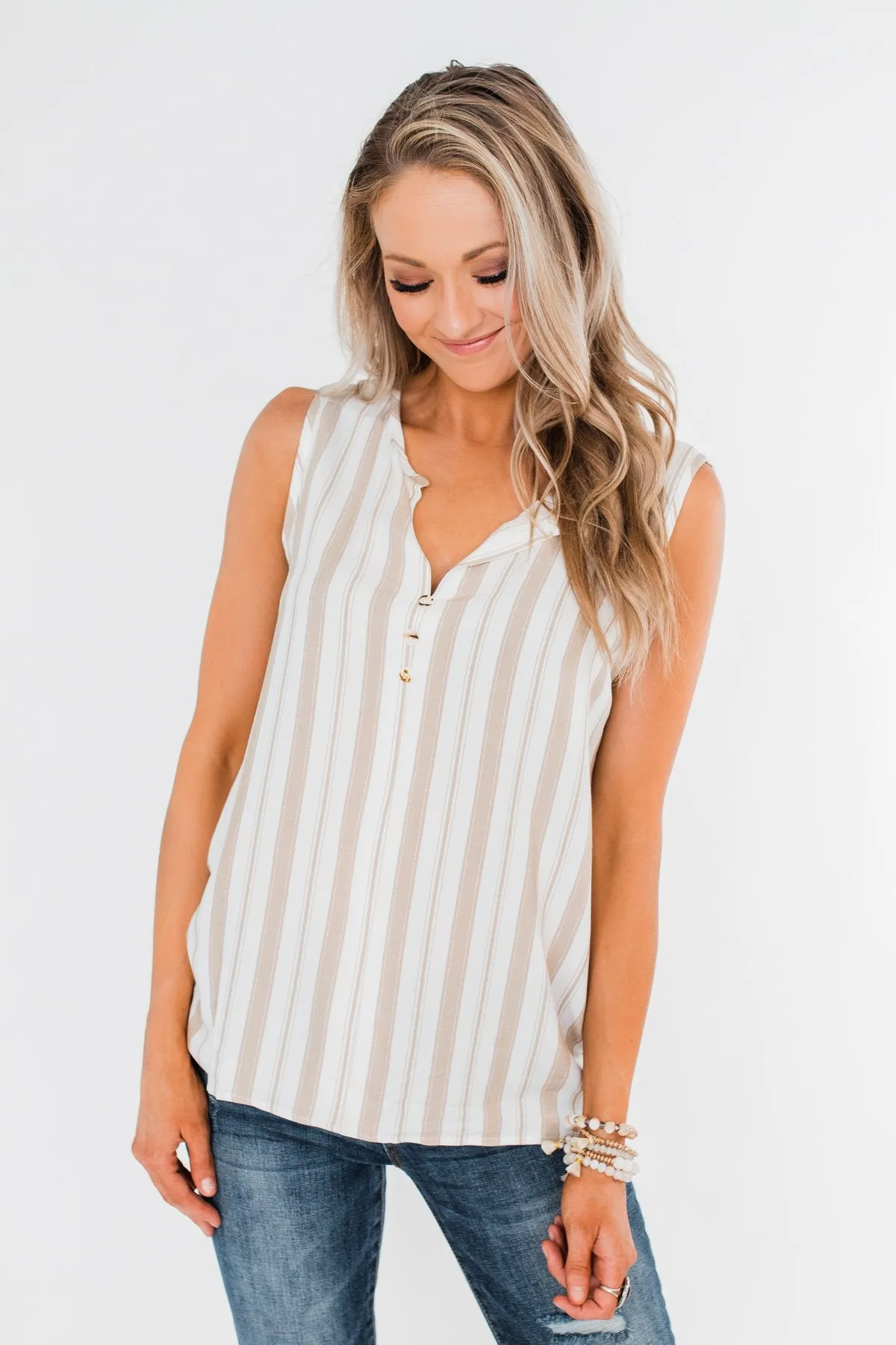 Twinkle In Your Eye Striped Tank Top- Beige