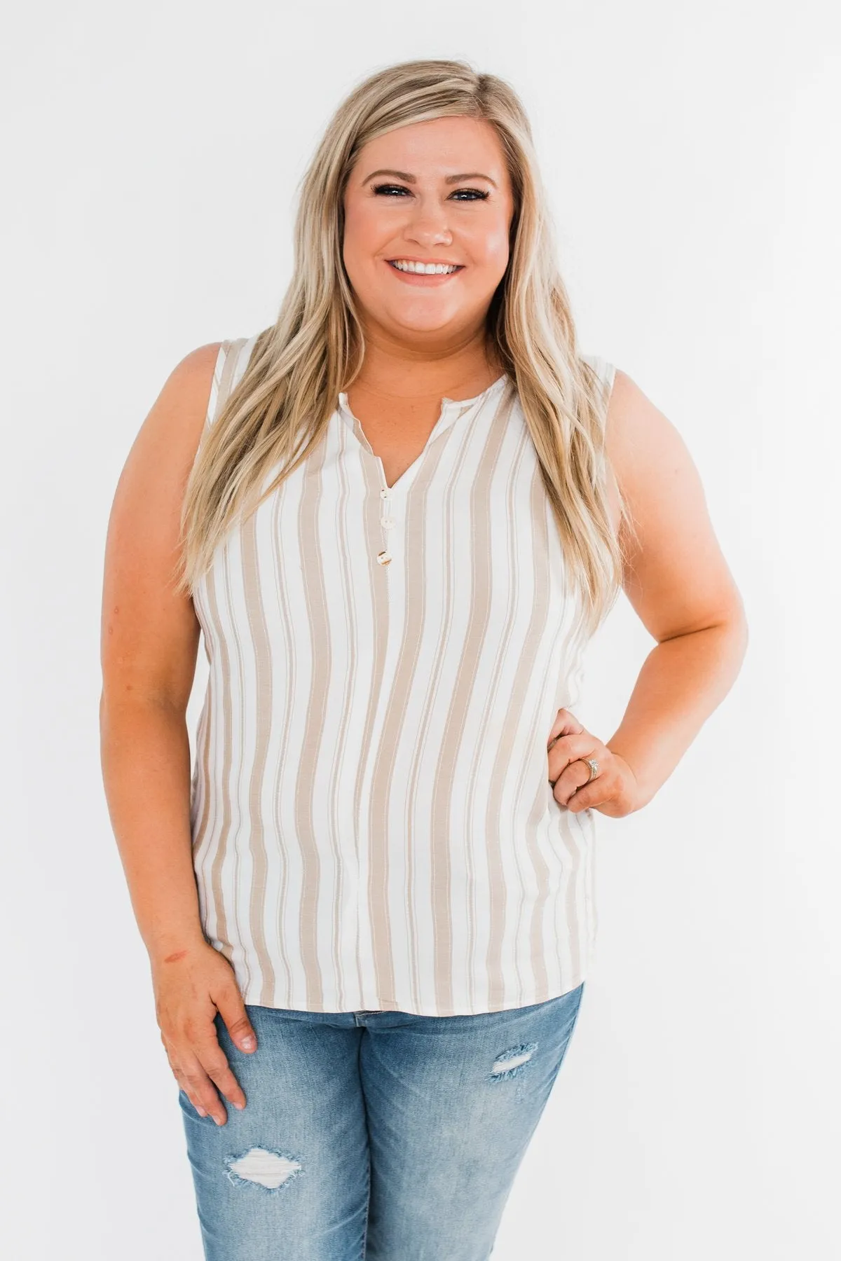 Twinkle In Your Eye Striped Tank Top- Beige