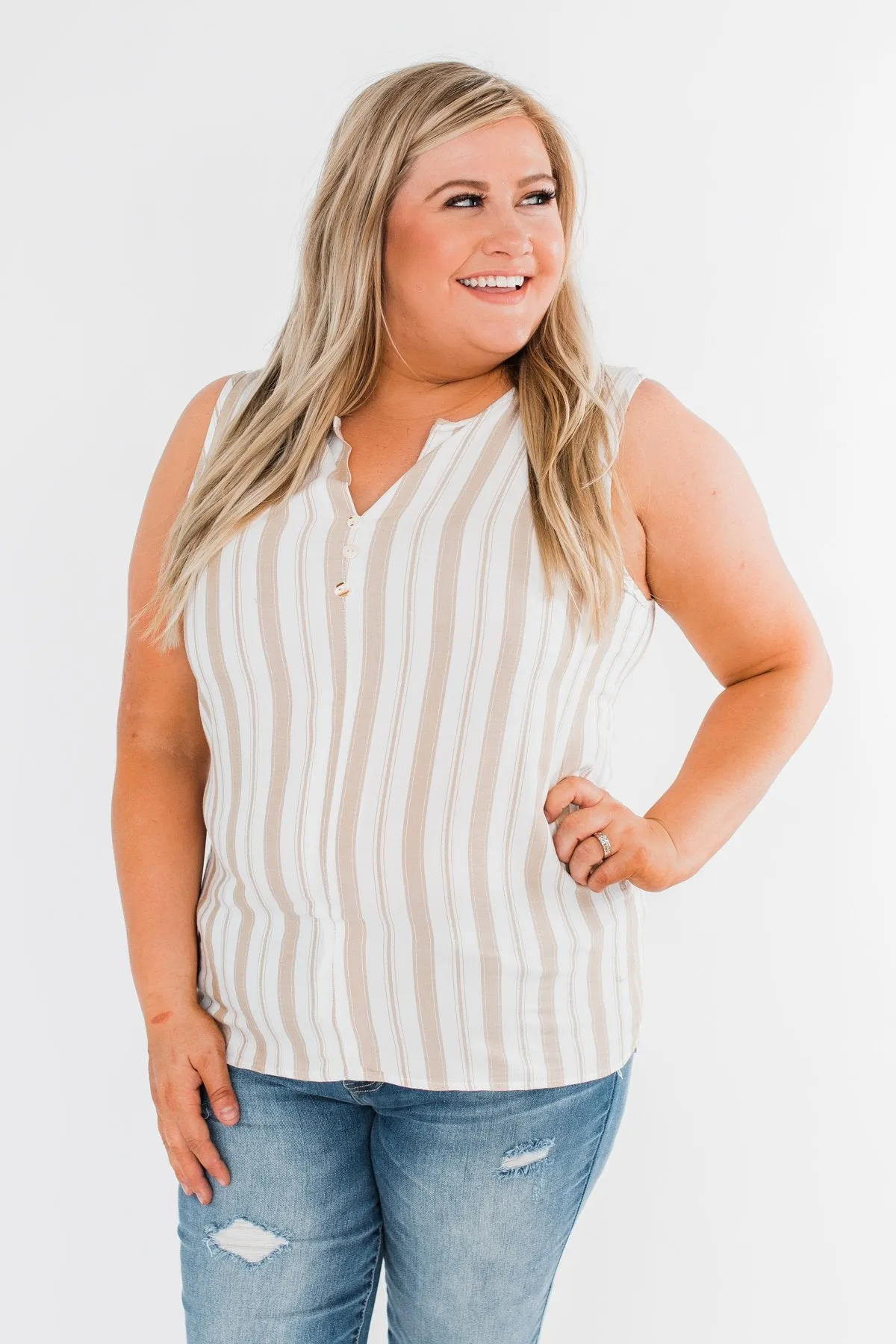 Twinkle In Your Eye Striped Tank Top- Beige