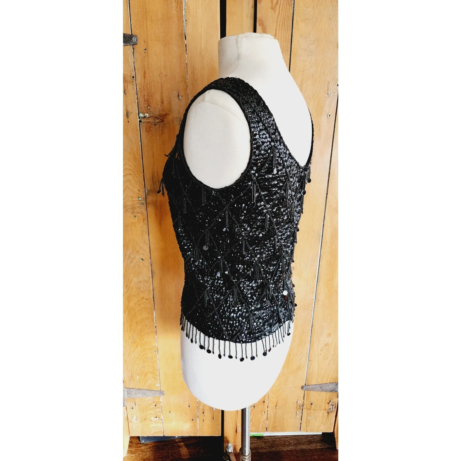 Vintage 60s Black Beaded Shell Top Dressy Sleeveless