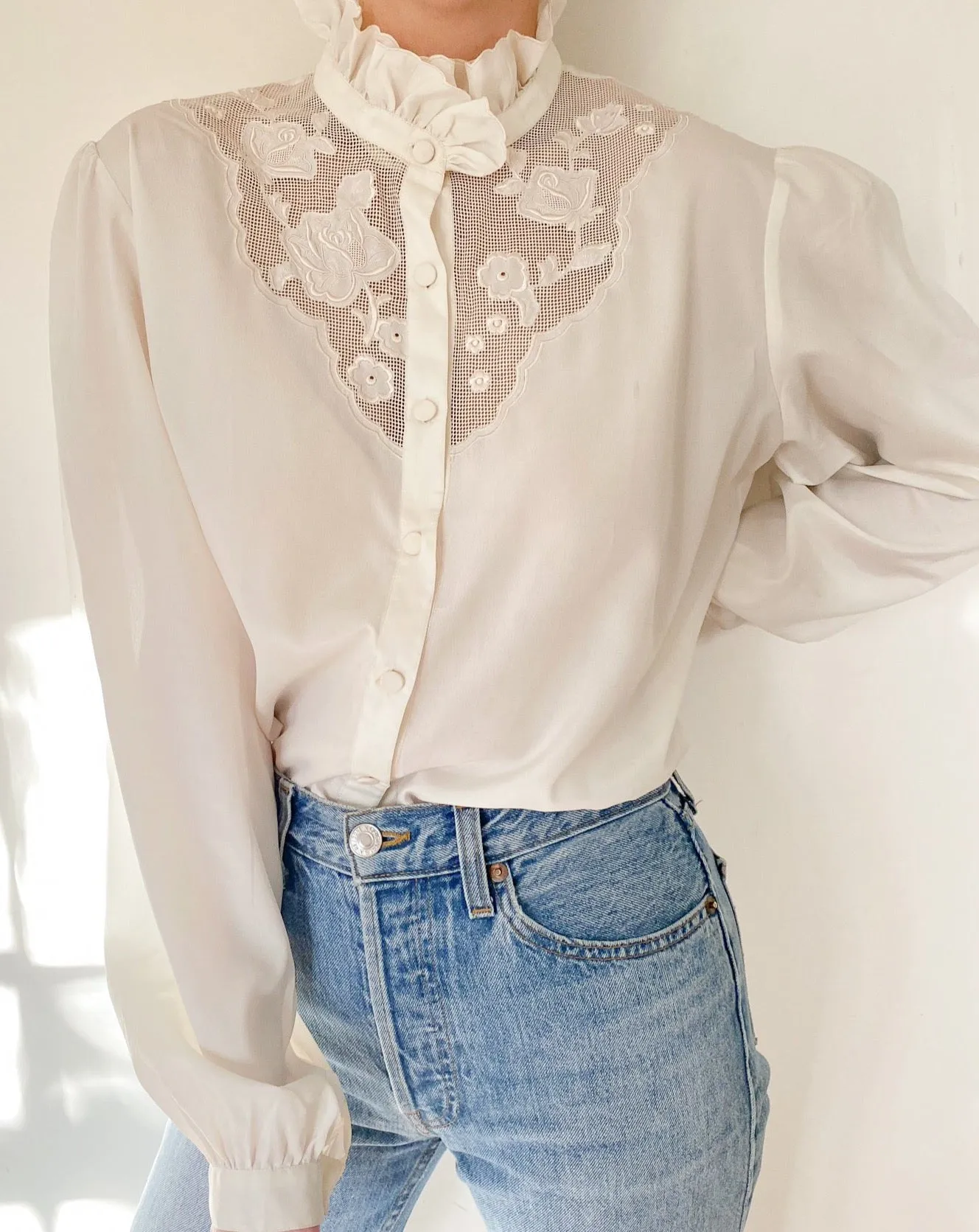 Vintage Ivory Hand Embroidered Blouse