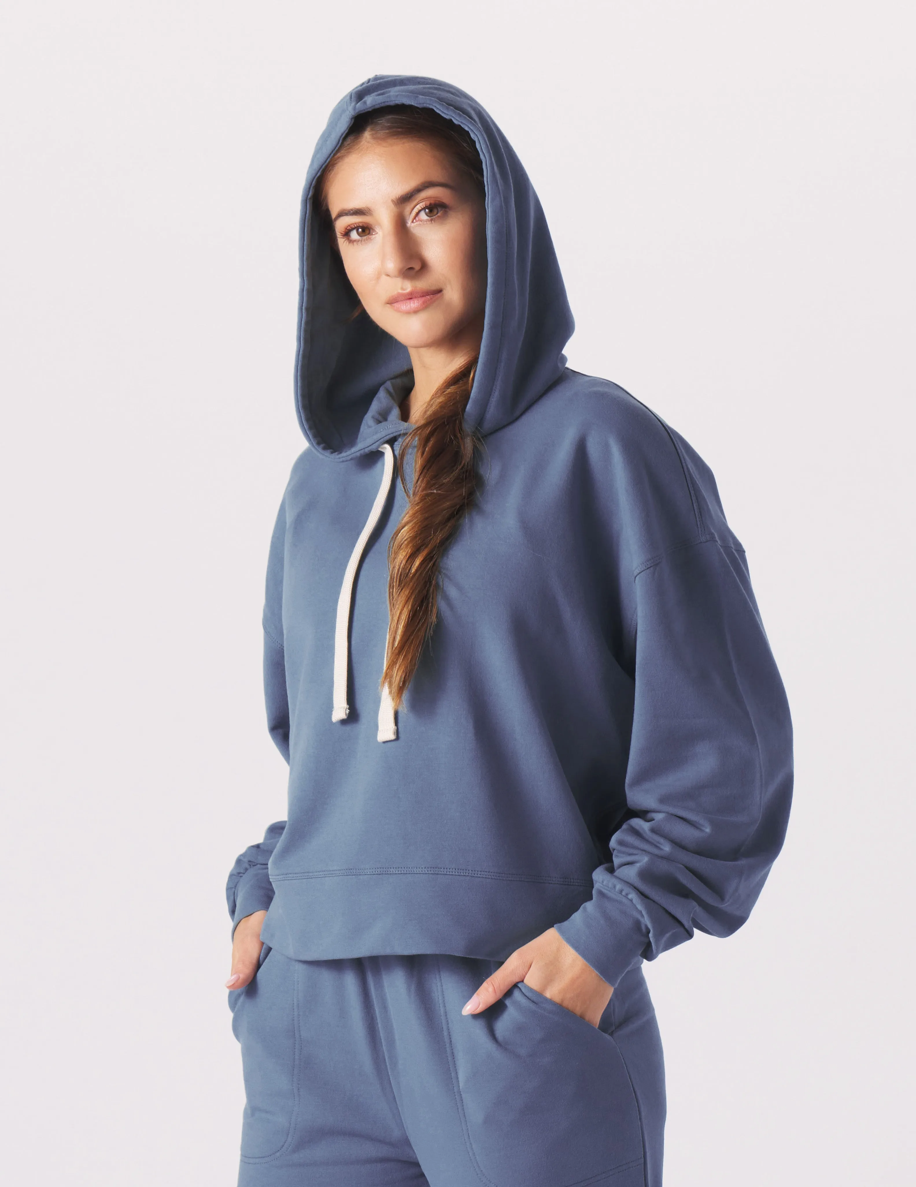 Vintage Oversized Cropped Hoodie: Washed Blue