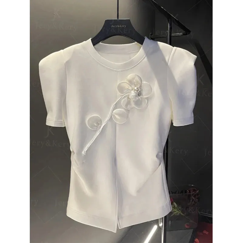 White 3D Flower Beaded Designer T-shirt