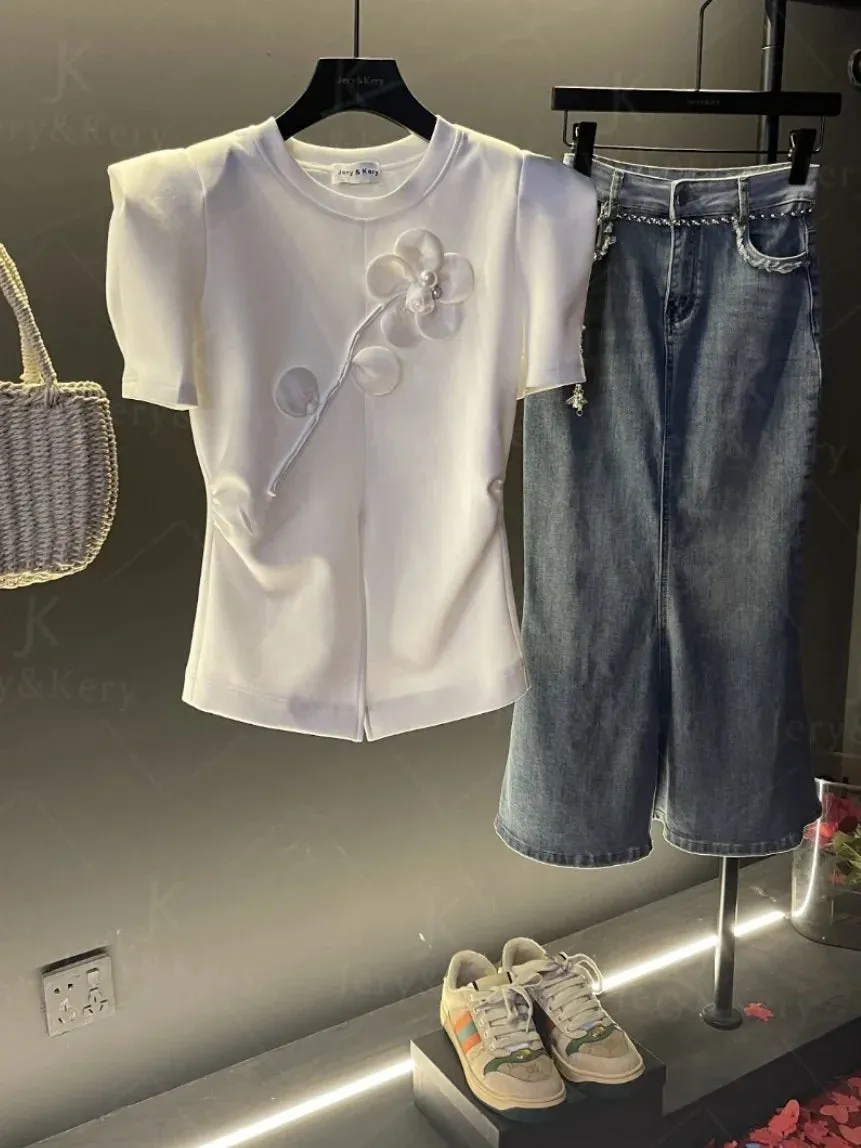 White 3D Flower Beaded Designer T-shirt