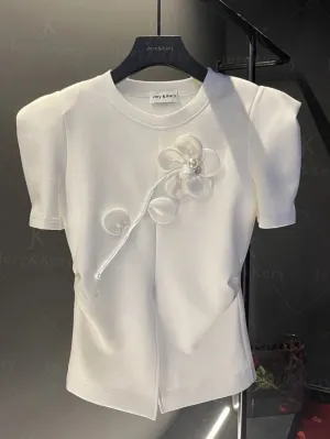 White 3D Flower Beaded Designer T-shirt