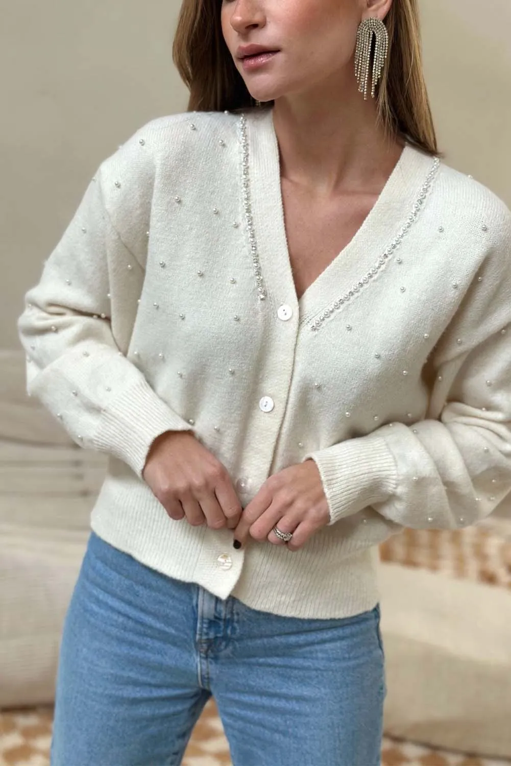 White Beaded Buttoned Front Knit Cardigan