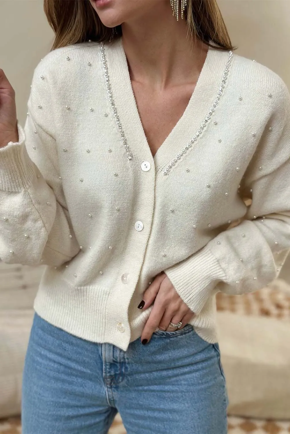 White Beaded Buttoned Front Knit Cardigan