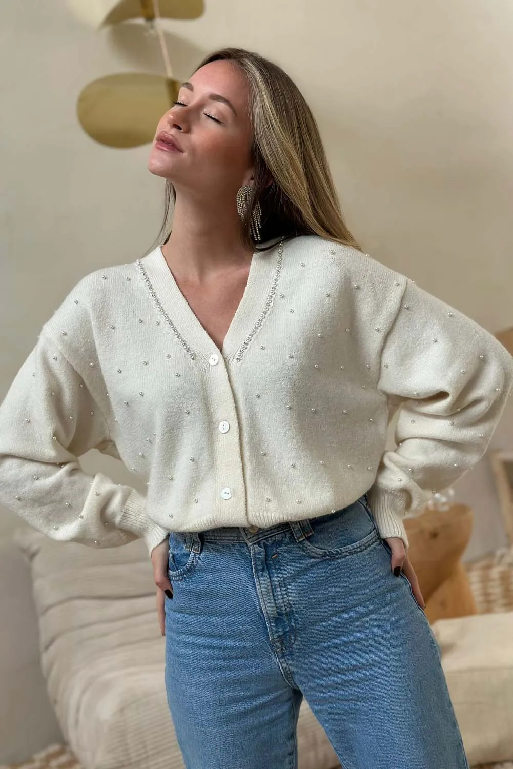White Beaded Buttoned Front Knit Cardigan