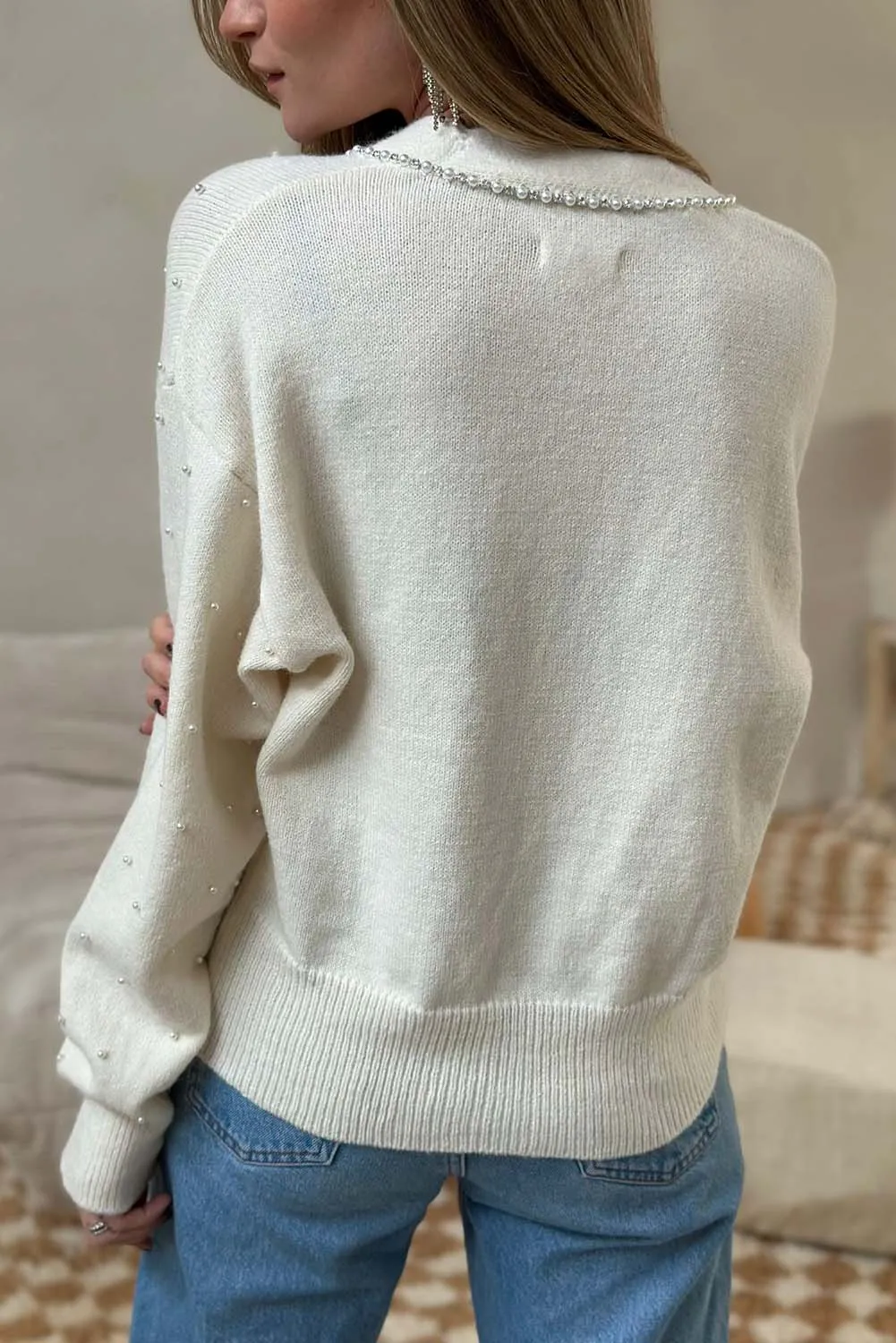 White Beaded Buttoned Front Knit Cardigan