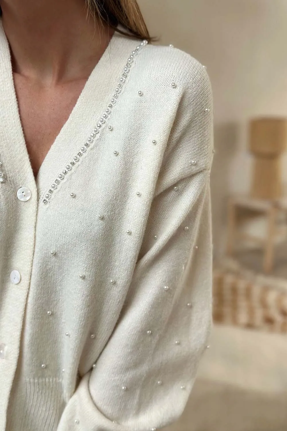 White Beaded Buttoned Front Knit Cardigan