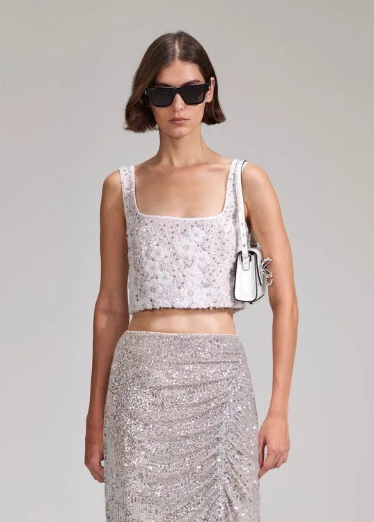 White Beaded Sequin Cropped Top