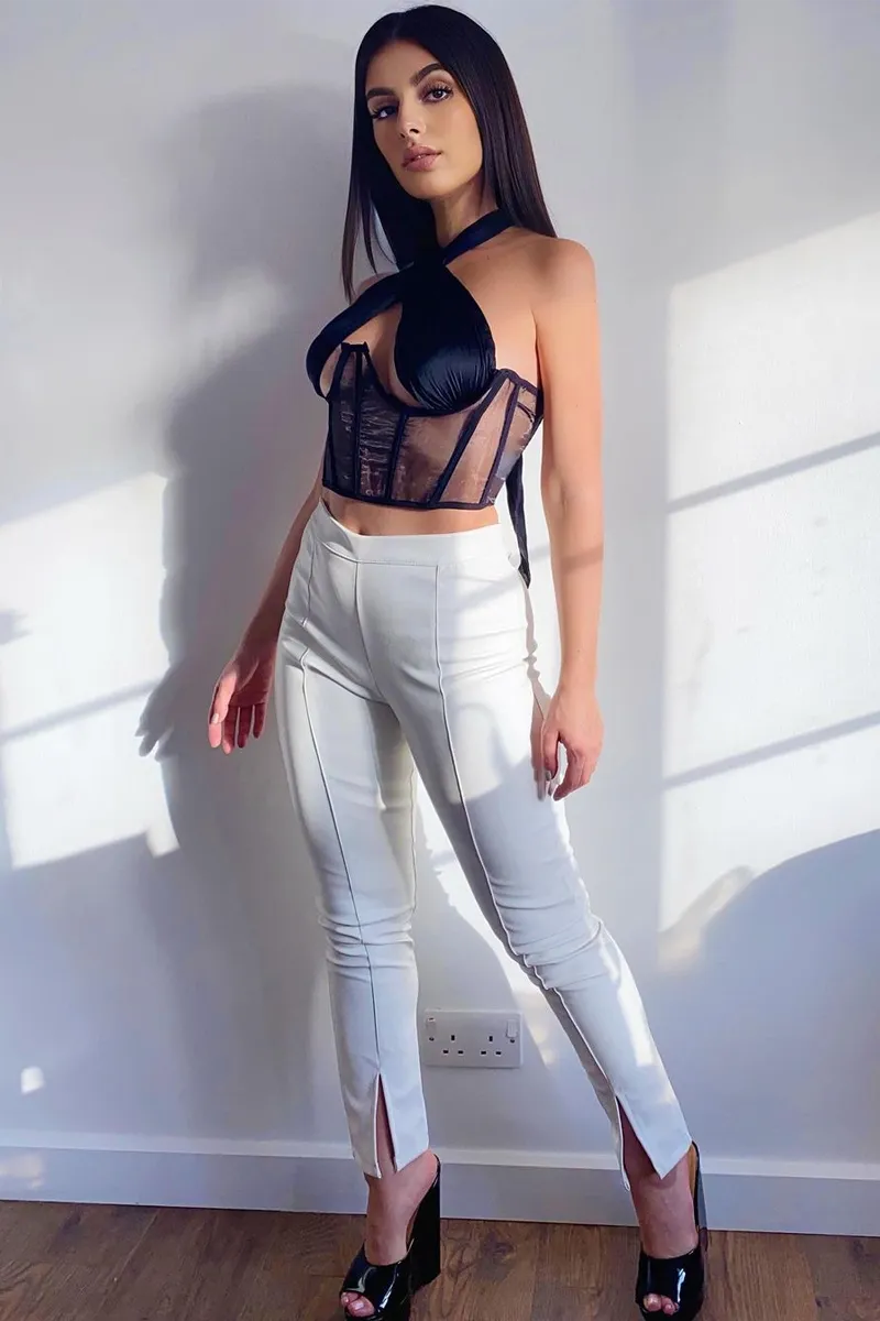 White PU Leather Front Slit Trousers - Caro