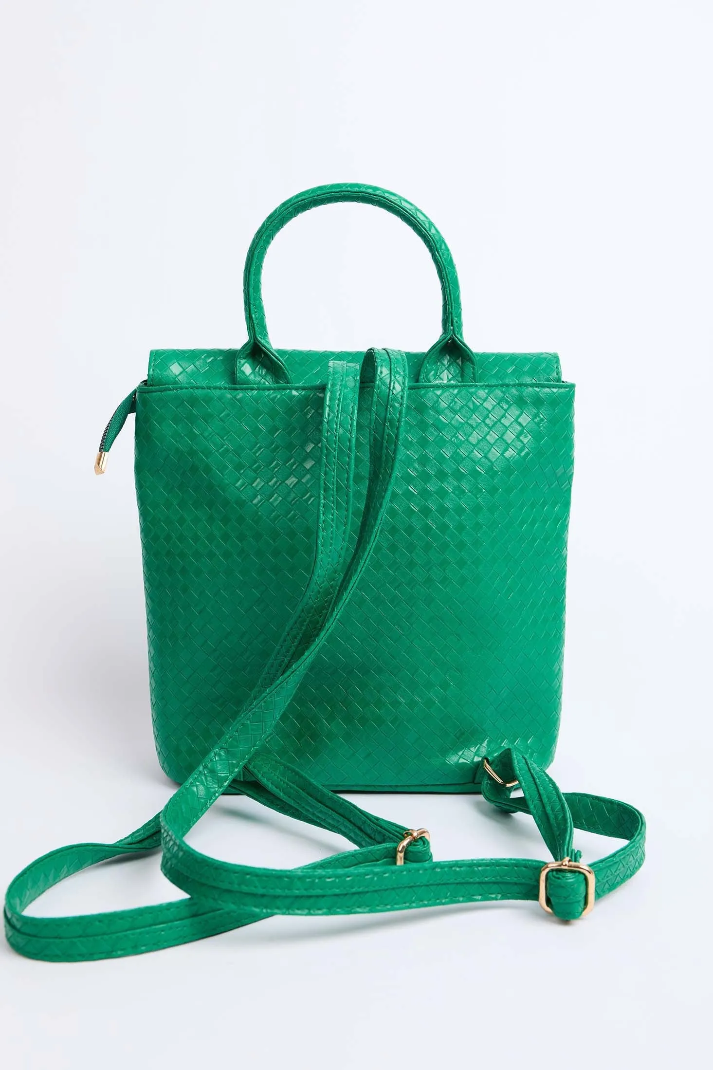 Women Faux Braided Leather Backpack Green