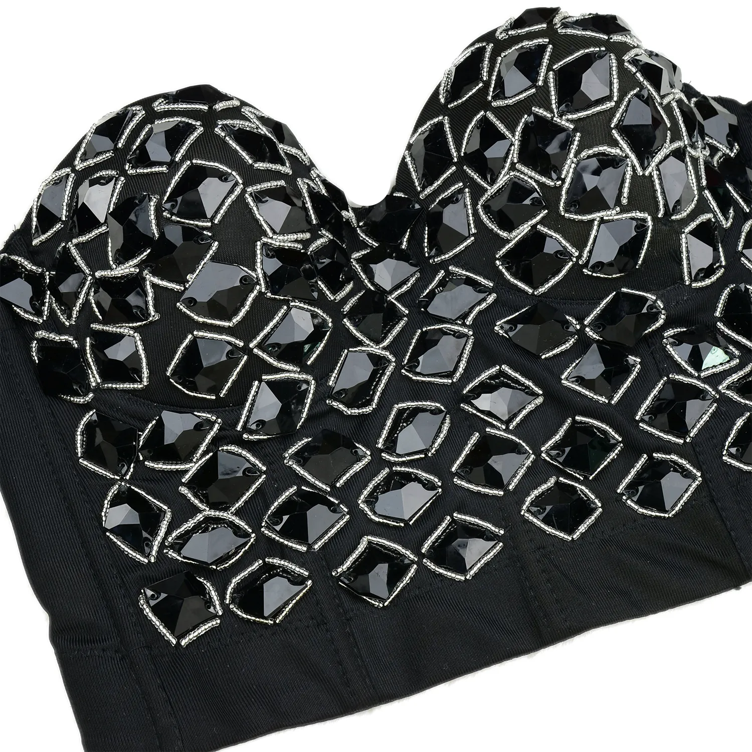 Women's Black Rhinestone Beaded Punk Bustier Crop Top Party Club Corset Bra