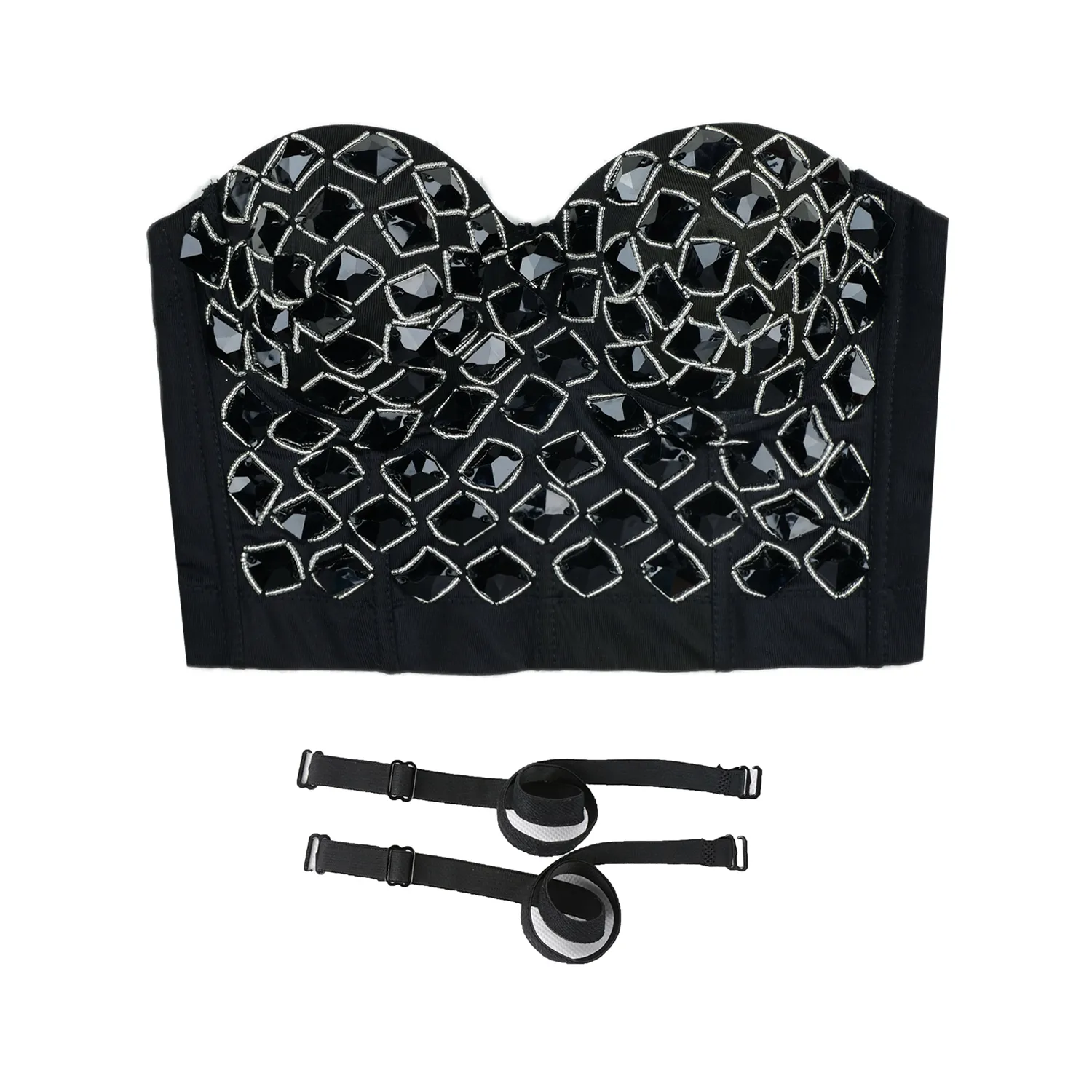 Women's Black Rhinestone Beaded Punk Bustier Crop Top Party Club Corset Bra