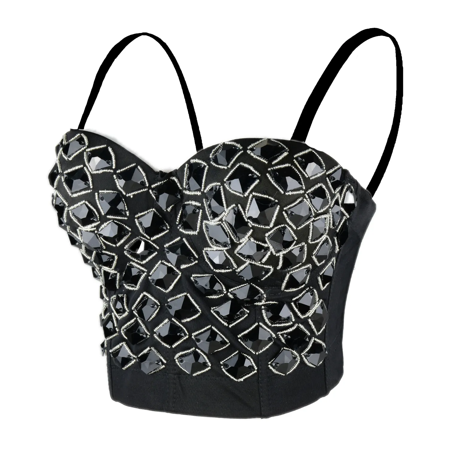 Women's Black Rhinestone Beaded Punk Bustier Crop Top Party Club Corset Bra