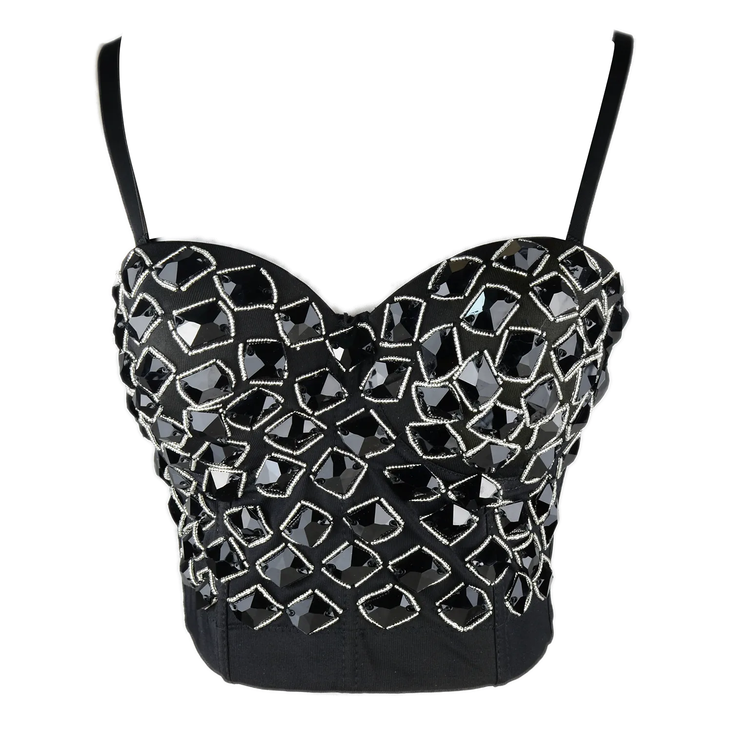 Women's Black Rhinestone Beaded Punk Bustier Crop Top Party Club Corset Bra