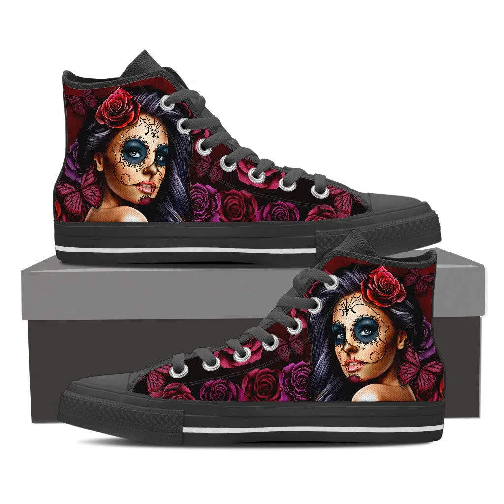 Womens Calavera Tattoo Girl Canvas High Tops (Select Size and Color)