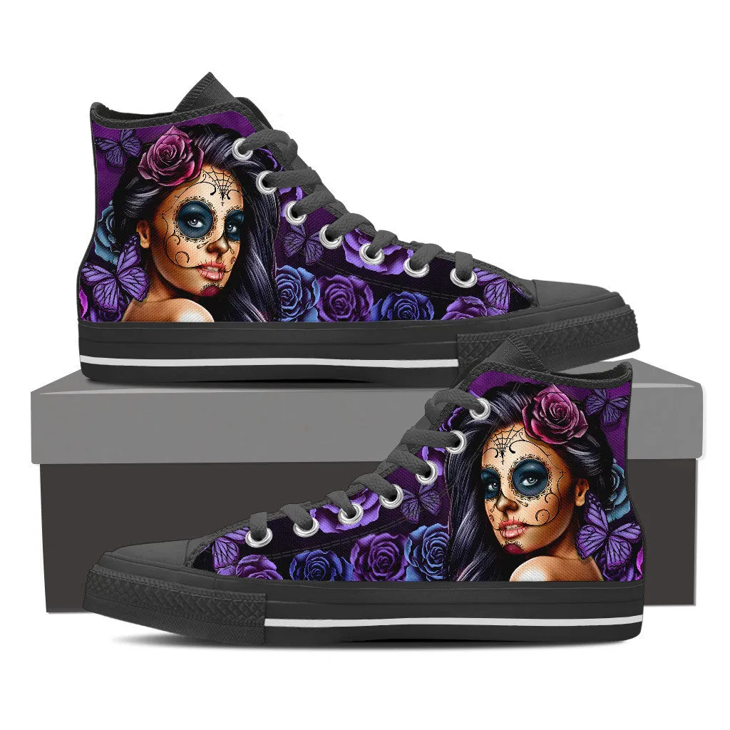 Womens Calavera Tattoo Girl Canvas High Tops (Select Size and Color)