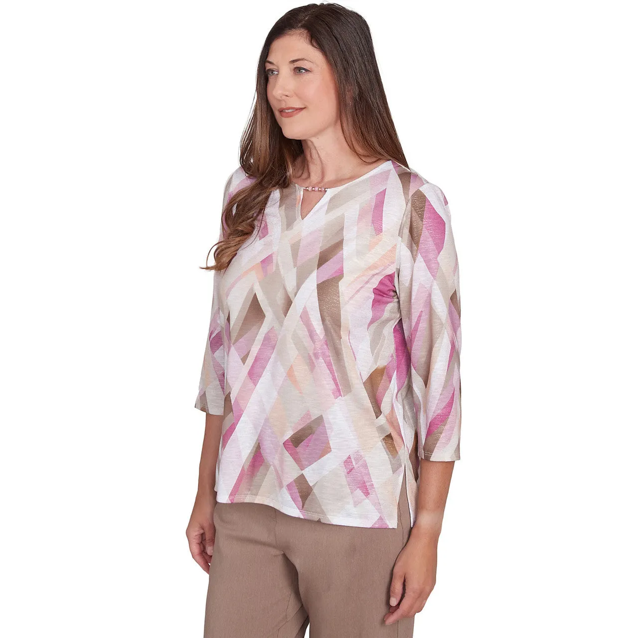 Women's Geometric Glass Split Neck Top - 77450