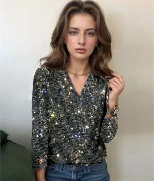 Women’s Glitter V-Neck Top – Long Sleeves – Slim Fit – Sparkly Partywear