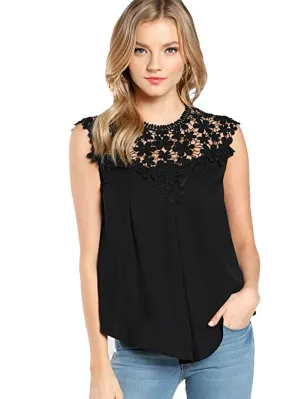 Women's Lace Neckline Sleeveless Chiffon Blouse Top