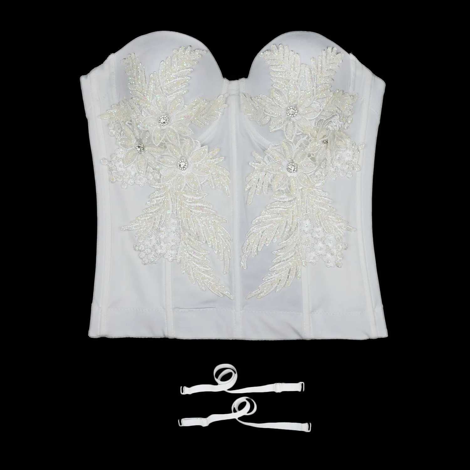 Women's Pearls Beaded Long Bustier Crop Top Embroidery Lace Corset Top Bodysuit White