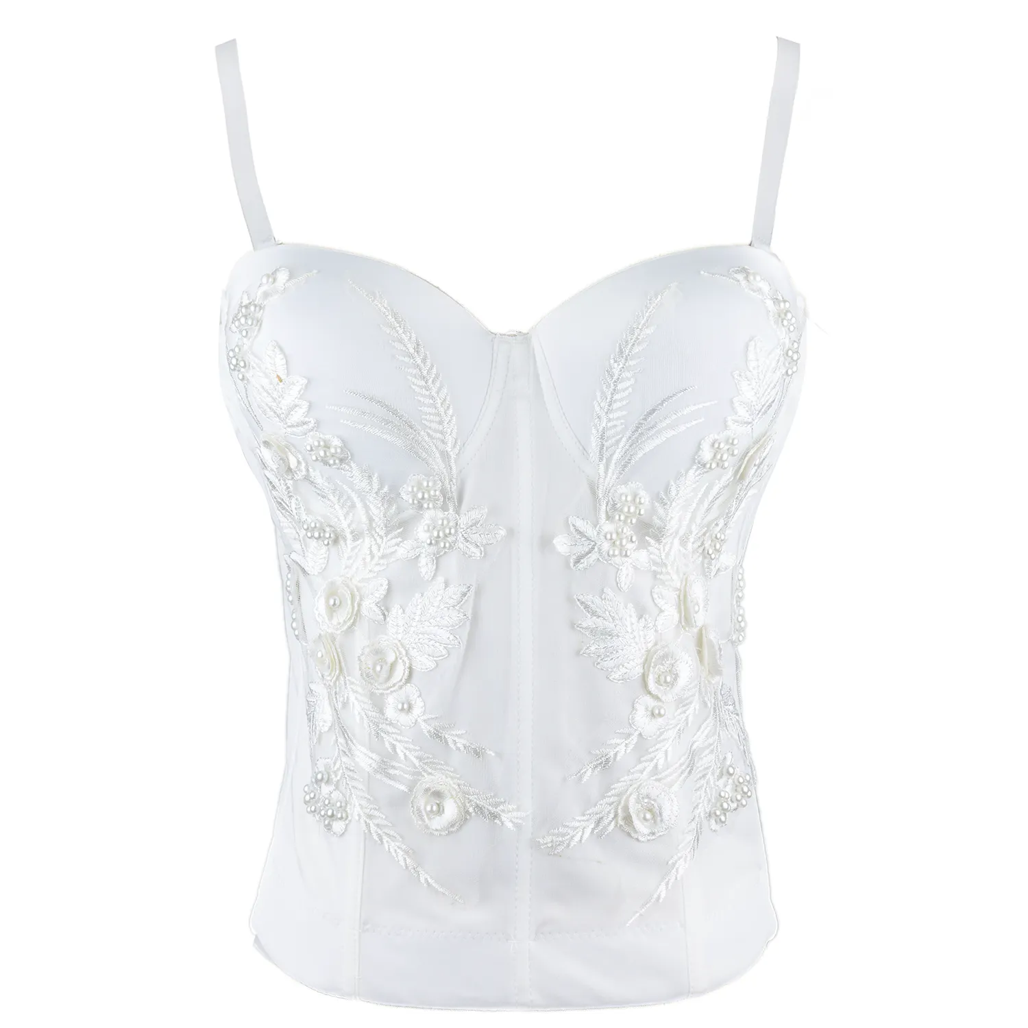 Women's Pearls Beaded Long Bustier Crop Top Embroidery Lace Corset Top Bodysuit White
