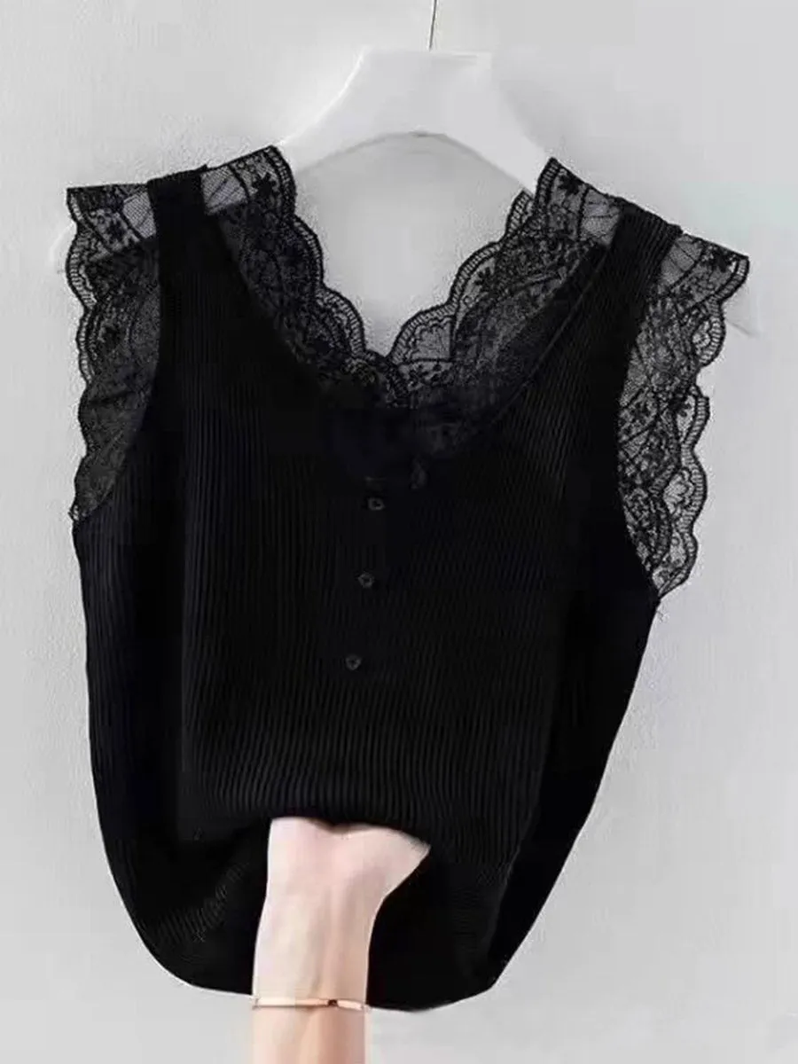 Women's Solid Color Threaded Ice Silk Lace Stitching Vest Tops