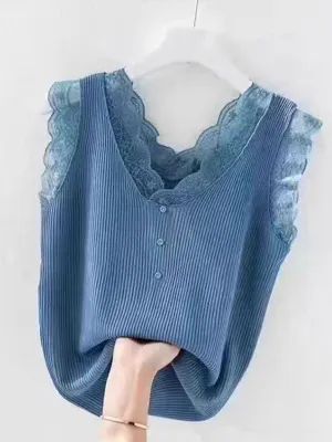 Women's Solid Color Threaded Ice Silk Lace Stitching Vest Tops