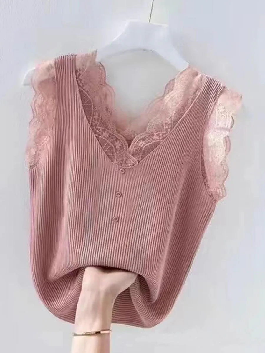 Women's Solid Color Threaded Ice Silk Lace Stitching Vest Tops