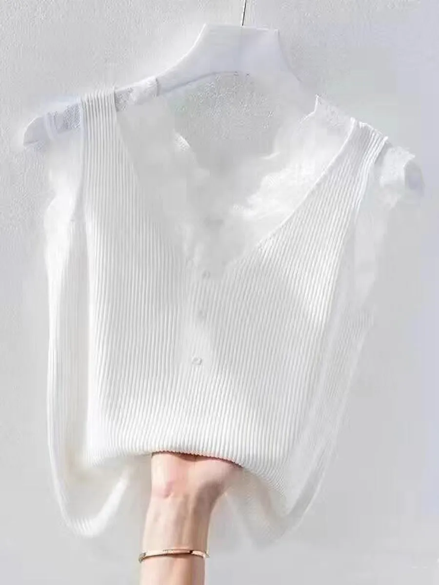 Women's Solid Color Threaded Ice Silk Lace Stitching Vest Tops