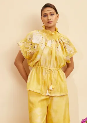 Yellow contrast embroidered smocked top