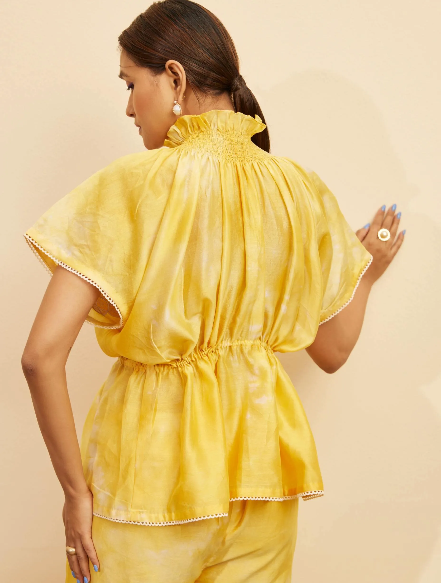 Yellow contrast embroidered smocked top