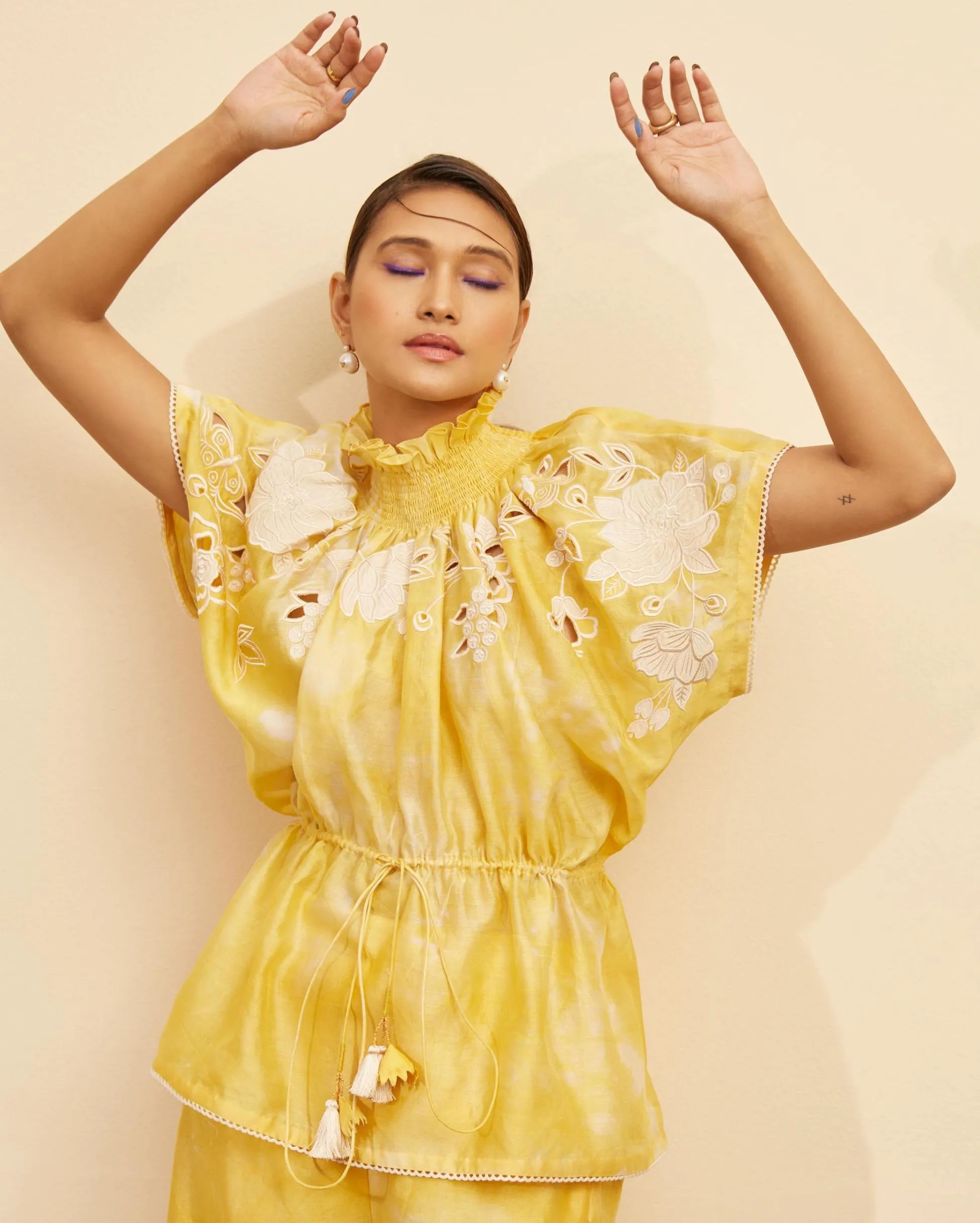 Yellow contrast embroidered smocked top